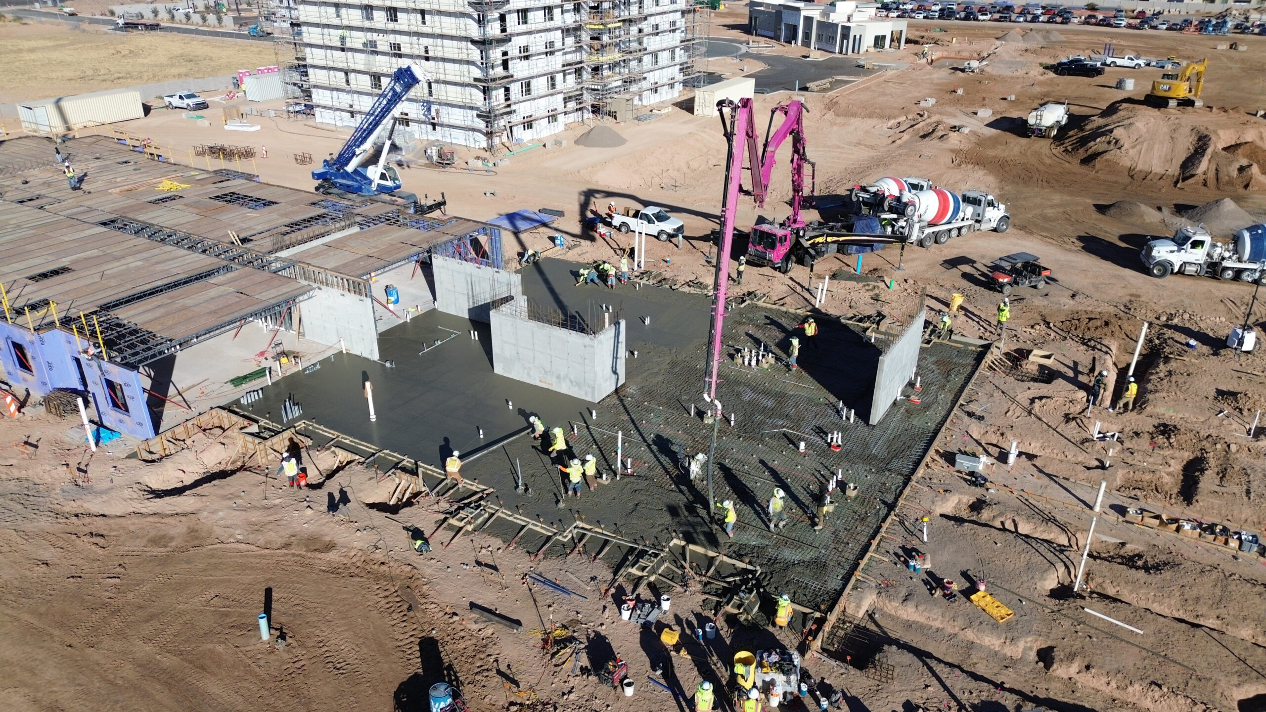 Aerial view of active multifamily concrete pour